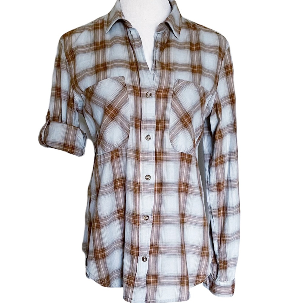 BELLA DAHL REVOLVE ANTHROPOLOGIE Oversized Gray Brown Plaid Long Sleeve Button …